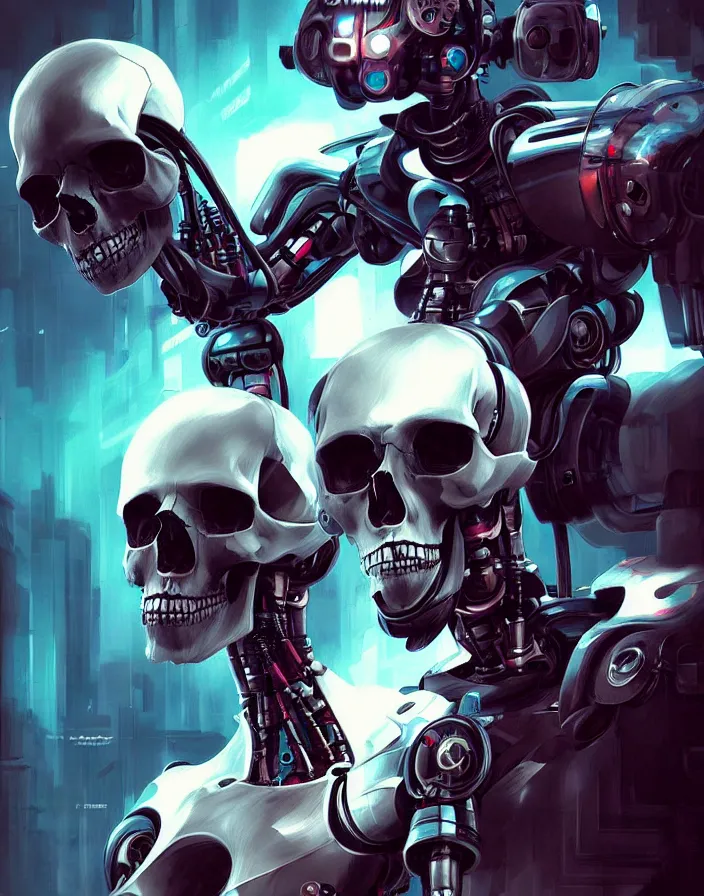 Image similar to skull - headed robot cyborg painting, illutstration, concept art, cyberpunk, futurism, comics art, artgerm, full body shot, wide angle