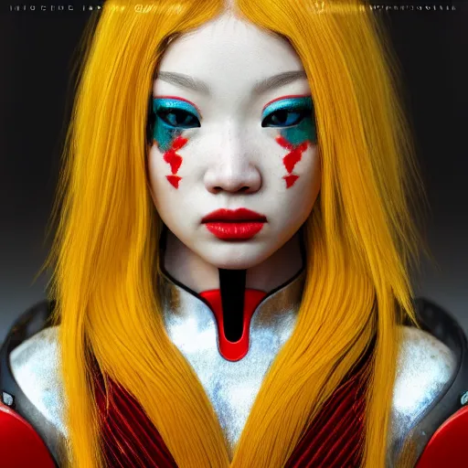 Image similar to beautiful albino Asian girl red and white armor, unreal engine octane, colorful, portrait, gliter, depth of field, 8k, epic light