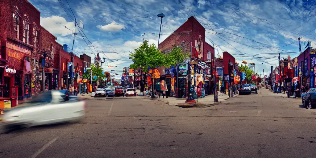 Image similar to HD photograph street view of Kensington Market in Toronto, eldritch gnostic esoteric anomalous aesthetic.