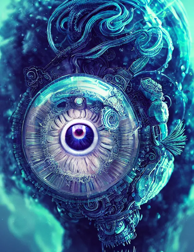 Image similar to eye of god macro close - up portrait with mask made of ram skull. betta fish, jellyfish phoenix, plasma, ice, water, wind, creature, super intricate ornaments artwork by tooth wu and wlop and beeple and greg rutkowski