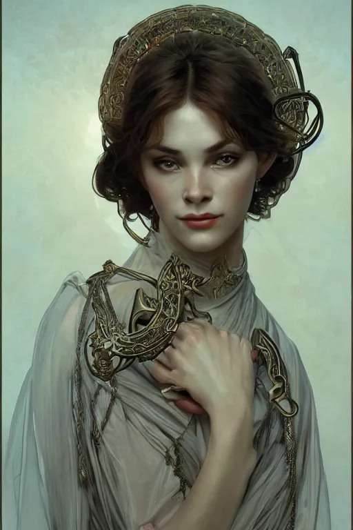 Image similar to high priestess, intricate, elegant, highly detailed, concept art, sharp focus, beautiful face!!, digital art, smooth defined outlines!!, human anatomy, human structure, by Brom, trending on Artstation, Alphonse Mucha, Tom Bagshaw, Sargent