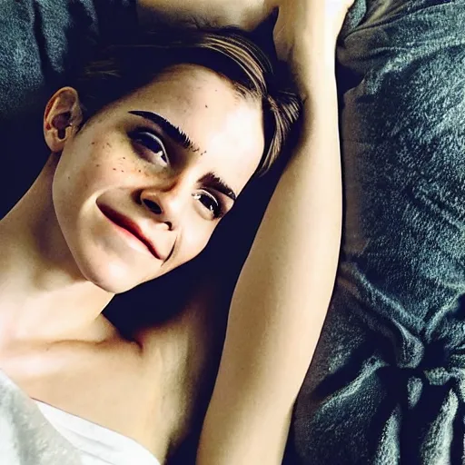 Prompt: emma watson in bed, under a white blanket, bare shoulders, freckles, no makeup, no filter, natural skin, messy hair, sleepy, smiling sheepishly