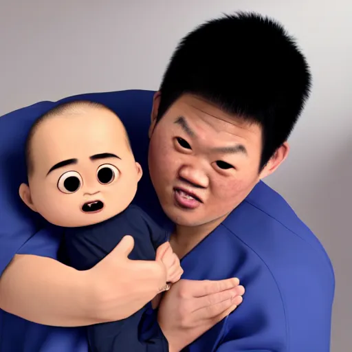 Image similar to shocked asian man holds baby shaquille o ’ neal at hospital, he can ’ t believe his eyes, award winning art, pixar, 3 d render, unreal engine