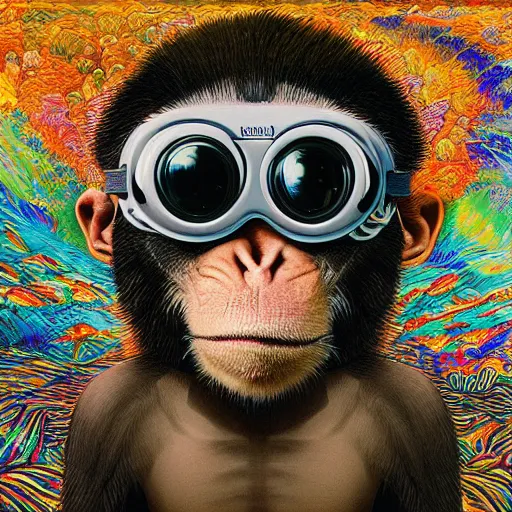 Prompt: a high hyper detailed painting with many intricate textures of a cave monkey wearing virtual reality goggles in a spiritual psychedelic cosmos