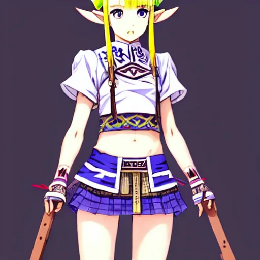 Image similar to a beautiful boyish zelda alluring gravure model, wearing japanese mayan street fashion school girl outfit with mayan pattern and native style, aztec street fashion, jrpg armor, perfect anime face, gapmoe yandere grimdark, trending on pixiv fanbox, painted by greg rutkowski makoto shinkai takashi takeuchi studio ghibli, akihiko yoshida