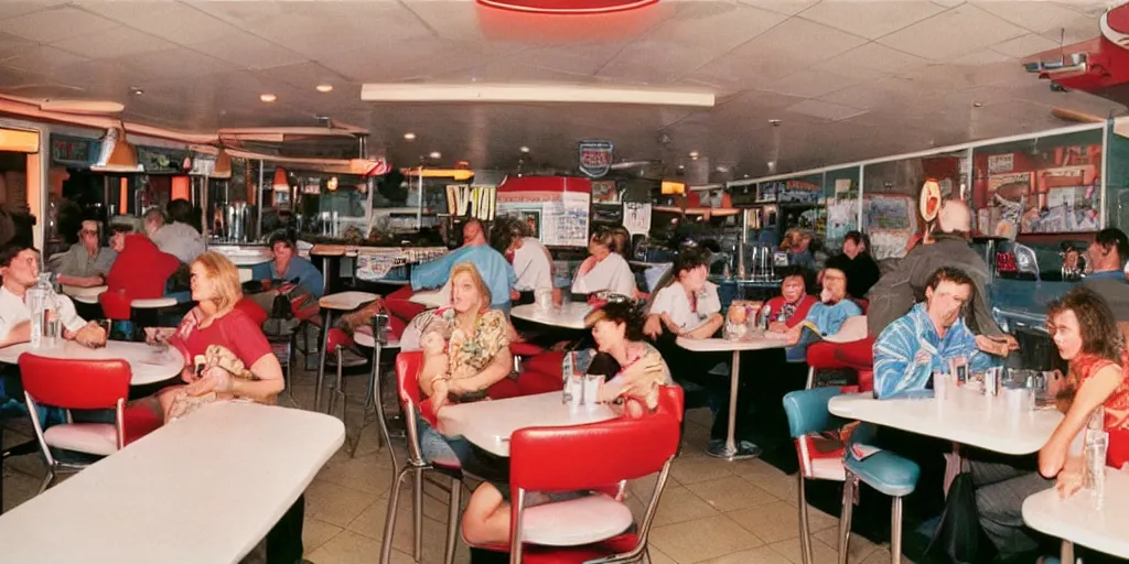 Prompt: 90's photo, people in a retro diner at the crossroads
