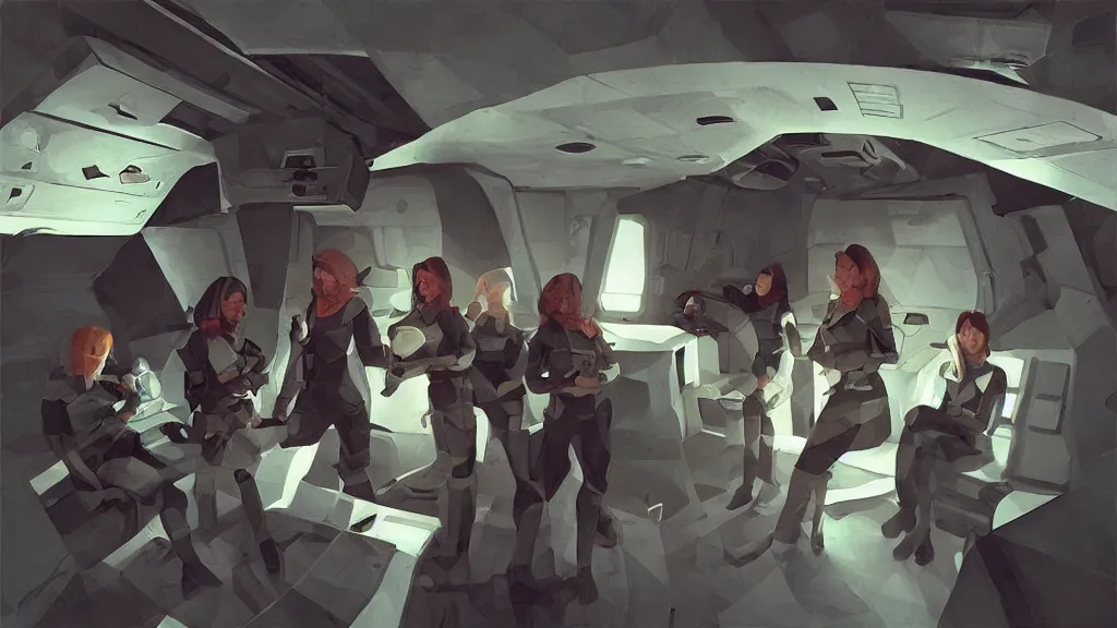 Prompt: all - female crew in a minimalistic, dark ( spaceship ), by jon foster, low poly.