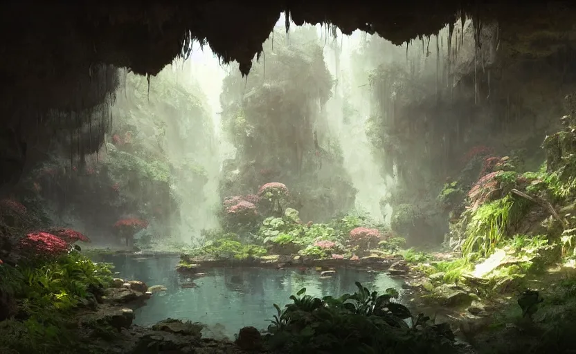 Image similar to painting of an interior of a hidden hotspring in a small cave, fantasy, lush plants and flowers, natural light, concept art, by greg rutkowski and craig mullins, cozy atmospheric and cinematic lighting, trending on artstation