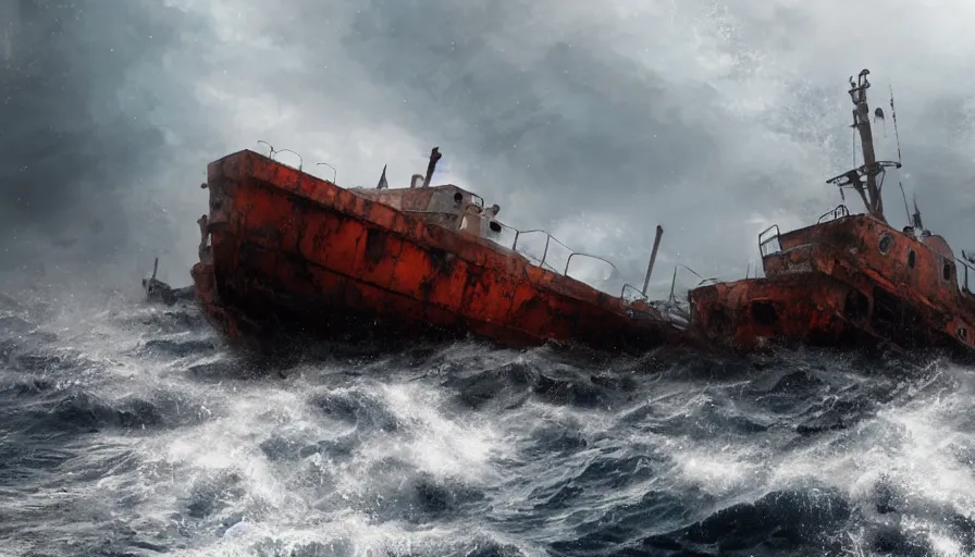 Image similar to abandoned rusted cargo boat in the sea, thunderstorm, rain, lightning, waves, hyperdetailed, artstation, cgsociety, 8 k