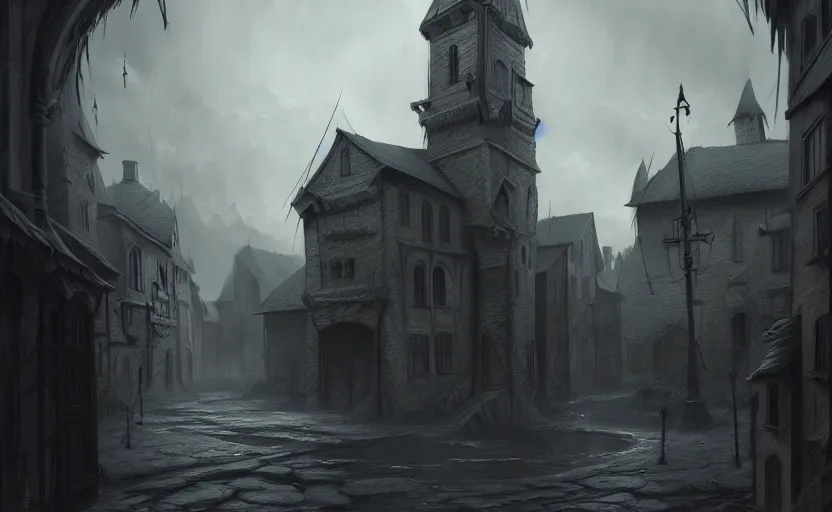 Prompt: beautifully drawn concept art of an old medieval mystic town : : dramatic mood, overcast mood, dark fantasy environment : : trending on artstation, unreal engine, digital art