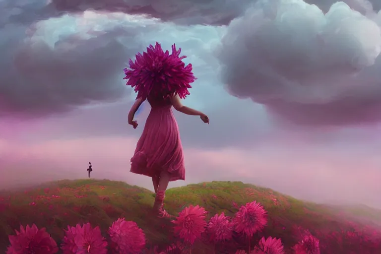 Image similar to giant dahlia flower on head, girl walking on mountain, surreal photography, pink storm clouds, dramatic light, impressionist painting, digital painting, artstation, simon stalenhag