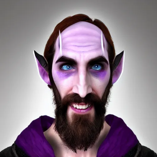 Prompt: twitch streamer asmongold as a night elf, detailed face, purple!!! skin, balding, world of warcraft cosplay, medium shot, studio lighting
