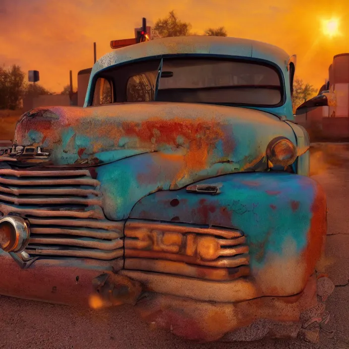 Image similar to a sunset light landscape with historical route 6 6, lots of sparkling details and sun ray ’ s, blinding backlight, smoke, volumetric lighting, colorful, octane, 3 5 mm, abandoned gas station, old rusty pickup - truck, beautiful epic colored reflections, very colorful heavenly, softlight