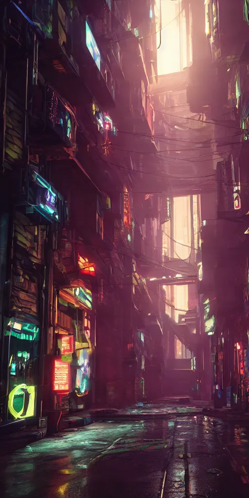 Prompt: cyberpunk alley by stan lee, 8 k, raytracing, unreal engine 5,