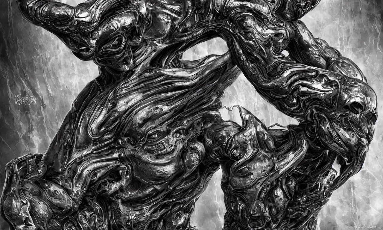 Image similar to engineer prometheus face by Artgerm, xenomorph alien, highly detailed, symmetrical long head, smooth marble surfaces, detailed ink illustration, raiden metal gear, cinematic smooth stone, deep aesthetic, concept art, post process, 4k, carved marble texture and silk cloth, latex skin, highly ornate intricate details, prometheus, evil, moody lighting, hr geiger, hayao miyazaki, indsutrial Steampunk