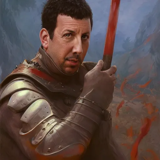 Image similar to portait of a adam sandler swinging his long sword, front game card, drark, marvel comics, dark, intricate, highly detailed, smooth, artstation, digital illustration by ruan jia and mandy jurgens and artgerm and wayne barlowe and greg rutkowski and zdislav beksinski