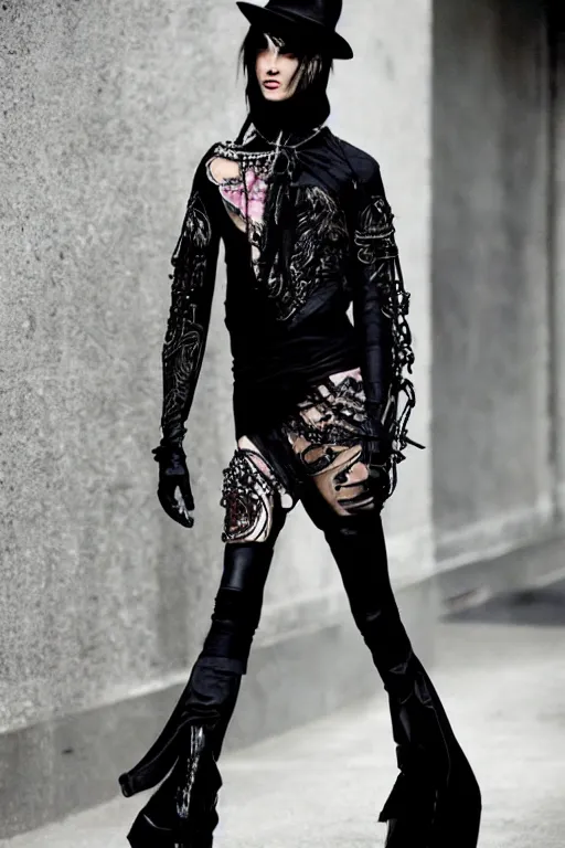 Image similar to beautiful androgynous high fashion avant garde look and clothes, we can see them from feet to head, highly detailed and intricate, hypermaximalist, luxury, elite, cinematic, designer fashion, rick owens, yohji yamamoto, y 3, acrnym, fashion photography