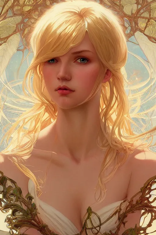 Image similar to a beautiful blond goddess girl, fantasy, portrait, sharp focus, intricate, elegant, digital painting, artstation, matte, highly detailed, concept art, illustration, ambient lighting, art by ilya kuvshinov, artgerm, Alphonse mucha, and Greg Rutkowski