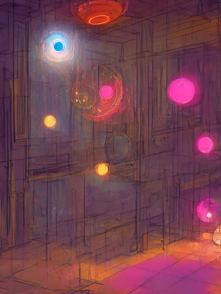 Prompt: neon orbs shining through a window by disney concept artists, blunt borders, rule of thirds