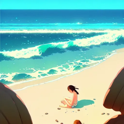 Image similar to Beautiful beach, crashing waves, Australian summer, muted colors, matte print, pastel colors, ornate, digital art, digital painting, fan art, elegant, pixiv, by Ilya Kuvshinov, by Studio Ghibli