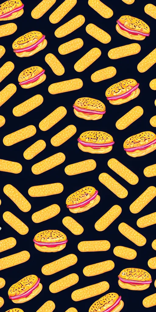 Prompt: seamless pattern of hamburgers and cigarettes, colourful, symmetrical, repeating 35mm photography, toiletpaper magazine