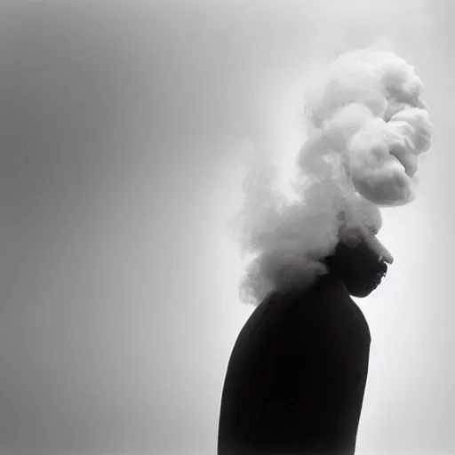 Image similar to a man who's head is turning into a puff of smoke, annie liebowitz, black and white