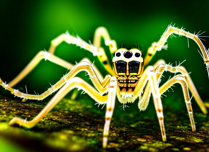 Image similar to macro portrait of a crystal spider in the forest. Fantasy magic style. Highly detailed 8k. Intricate. Nikon d850 300mm. Award winning photography.