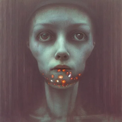 Image similar to beksinski, zdzisław - her eyes wide, oil on canvas