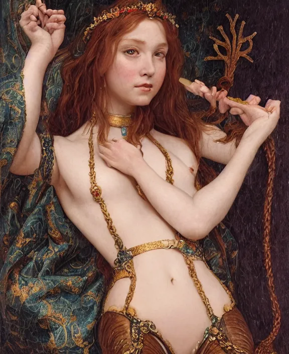 Image similar to a detailed hyperrealistic renaissance mermaid wearing an a intricate beautiful thick leather garters set, honey birdette, realistic renaissance portrait, highly detailed, digital painting, artstation, concept art, smooth, sharp focus, cinematic lighting, art by artgerm and wlop and jules joseph lefebvre and john maler collier, ilya kuvshinov