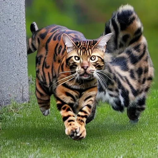 Prompt: A bengal cat chasing away a Sasquatch at a trailer park in Ohio, photoreal