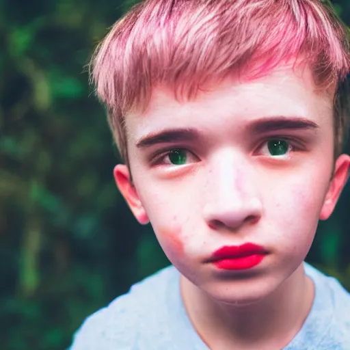Image similar to selfie of a small boy with pink - red skin, thick lips, very pink face, thin eyebrows, short light brown hair, puffy face, small ears, high on edibles