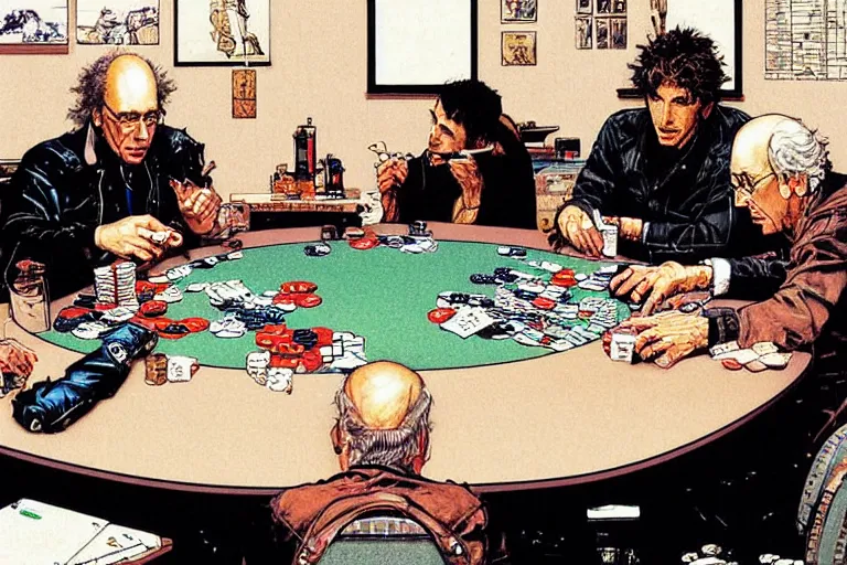 Image similar to larry david playing poker, very coherent, intricate design, painting by Laurie Greasley, part by Yoji Shinkawa, part by Norman Rockwell