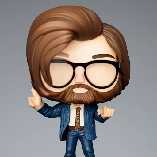 Prompt: a funko pop of german young man with very long light brownish hair, very short beard and light round glasses, in a funko pop box that says ultra