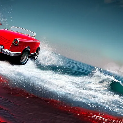 Image similar to red elephant car driving on the Pacific ocean, highly detailed, 8k, bordering on artstation,