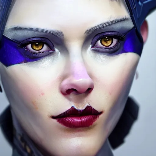 Image similar to scarlet johanson as widowmaker from overwatch, realistic, 4 k, coherent, detailed face, photo