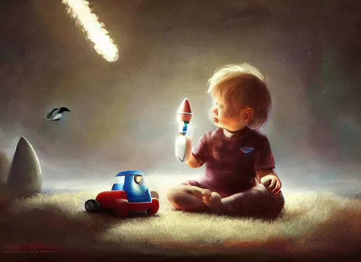 Image similar to lonely toddler elon musk sitting on a shaggy rug playing with his little space rockets, bedroom, realistic painting, beautiful soft lighting, istvan sandorfi