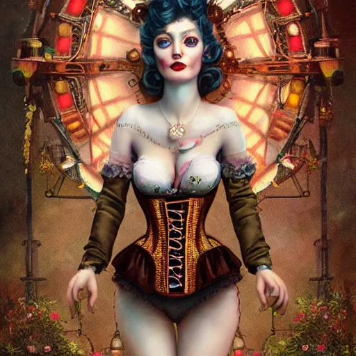 Prompt: photorealistic soft paint of a curiosities carnival, single young beautiful dollpunk in a full steampunk corset, symmetry accurate features, ominous, focus, rainbow lighting, very intricate details, award winning masterpiece, behance, by tom bagshaw