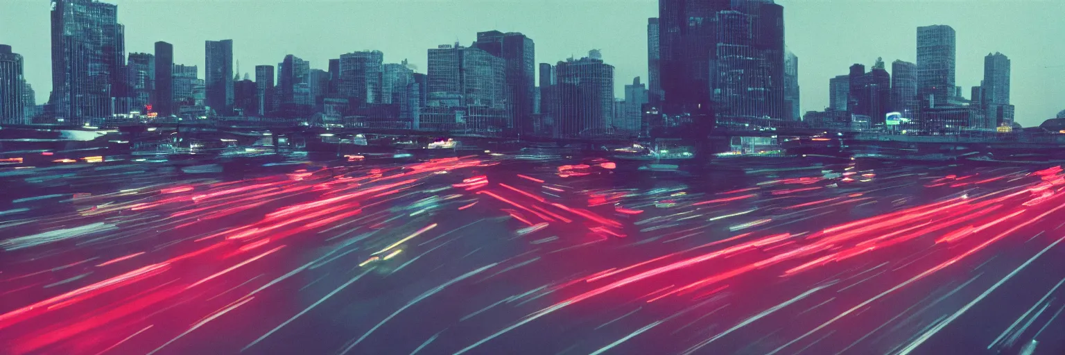 Image similar to 8 0 s neon movie still, high speed blurred traffic by the river with city in background, medium format color photography, movie directed by kar wai wong, hyperrealistic, photorealistic, high definition, highly detailed, tehnicolor, anamorphic lens