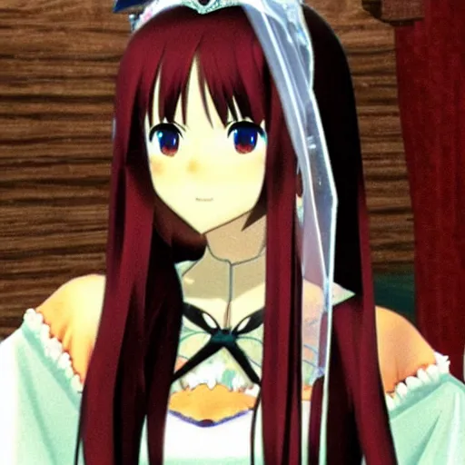 Image similar to yuuki asuna in her wedding dress, extremely long hair, nintendo 64