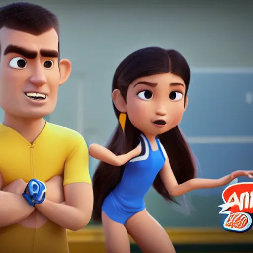 Image similar to young beautiful athletic Filipino woman with long hair standing beside a handsome caucasian athletic thin man with very short buzzed hair, balding, stubble on his face, blue eyes, depicted as adult Pixar characters, high quality cg render