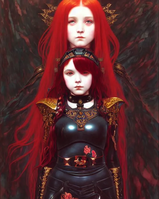 Prompt: portrait of beautiful cute young goth maiden girl with red hair in warhammer armor, art by ( ( ( kuvshinov ilya ) ) ) and wayne barlowe and gustav klimt and artgerm and wlop and william - adolphe bouguereau