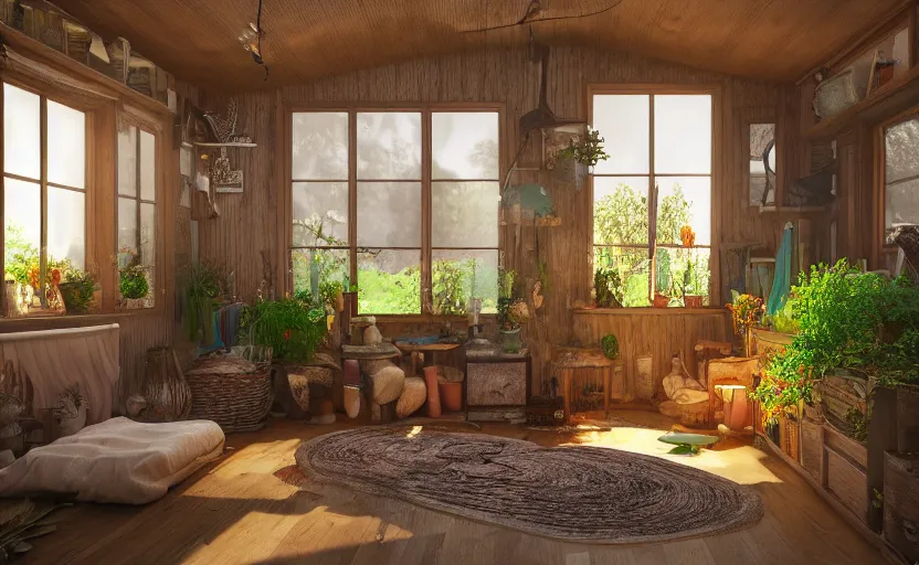 Image similar to interior view of a cluttered herbalist cottage, waxy candles, wood furnishings, herbs hanging, light bloom, dust, ambient occlusion, rays of light coming through windows