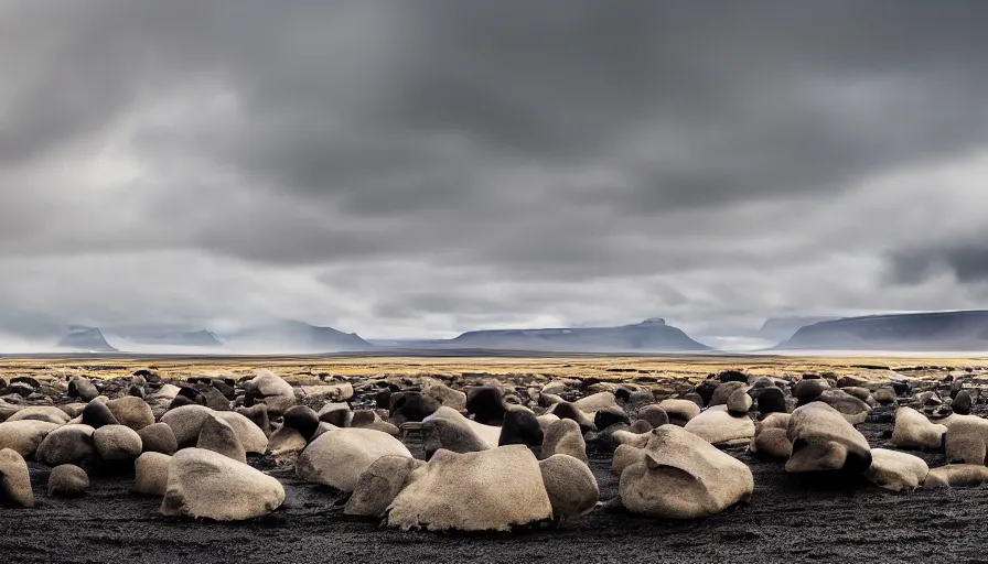 Image similar to a vast icelandic landscape, black sands and cream colored menhirs, cloudy sky, dust particles, cinematic lighting, behance hd, trending on artstation, national geographic photography, digital painting, matte painting