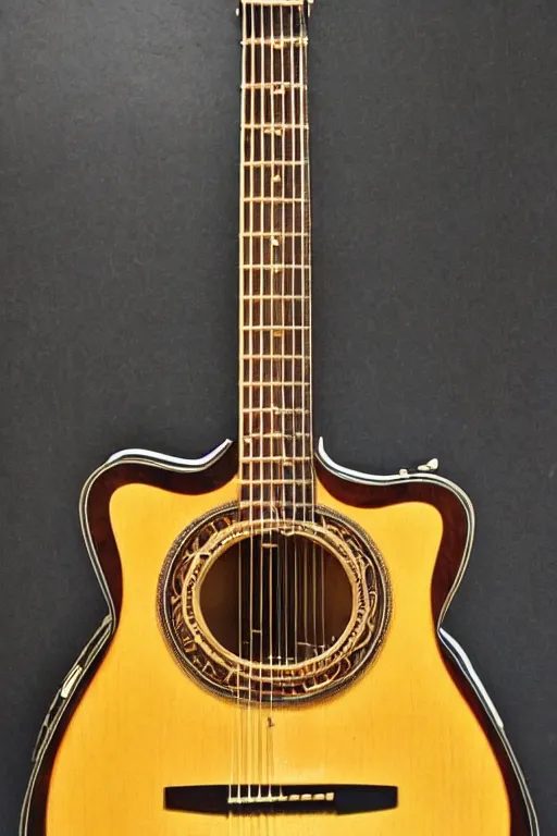 Image similar to a steampunk six string acoustic guitar fretboard