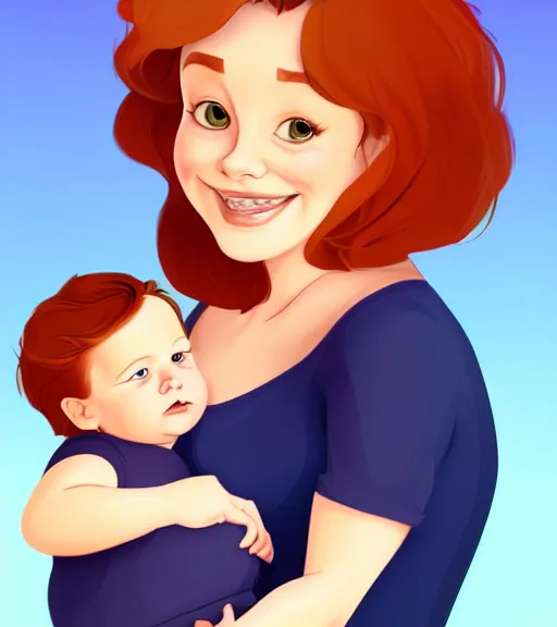 Image similar to a mother with short shoulder length auburn hair, short and curvy and a slightly chubby face holding her infant son with short brown hair full color digital illustration in the style of don bluth, artgerm, artstation trending, 4 k