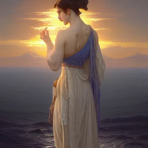 Image similar to blue numenor at sunset, intricate, elegant, highly detailed, digital painting, artstation, concept art, smooth, sharp focus, illustration, art by artgerm and greg rutkowski and alphonse mucha and william - adolphe bouguereau