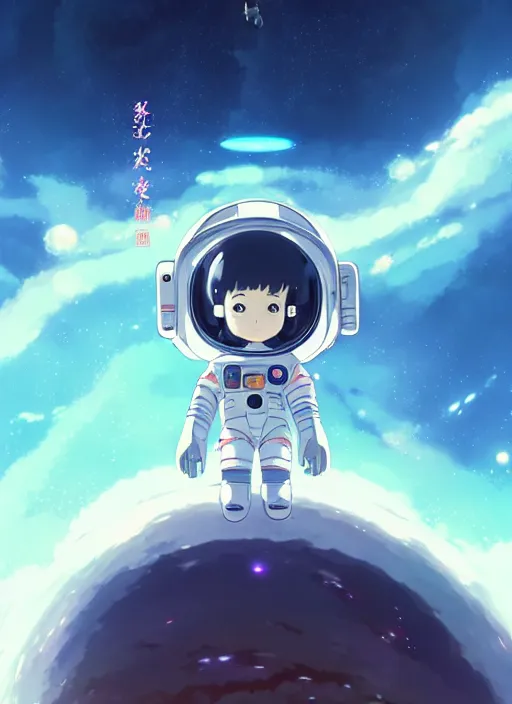 Image similar to portrait of cute kawaii astronaut android floating around a large biomechanical kaiju dragon, nebulous background of dynamic space, a dramatic composition by wlop and greg rutkowski and makoto shinkai and studio ghibli and kyoto animation