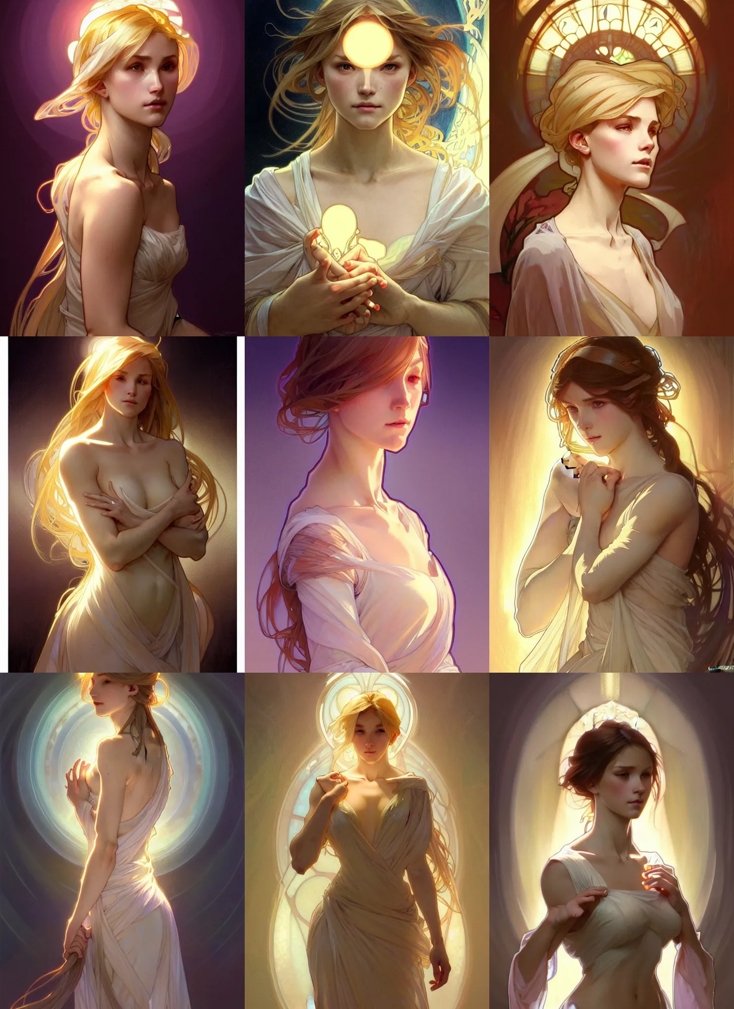 Prompt: digital character concept art by artgerm and greg rutkowski and alphonse mucha. clear portrait of a young wife blessed by god to uncontrollably become overwhelmingly perfect!! blonde, clothed, feminine holy body!! light effect. hyper detailed, glowing lights!! intricate, elegant, digital painting, artstation, smooth, sharp focus