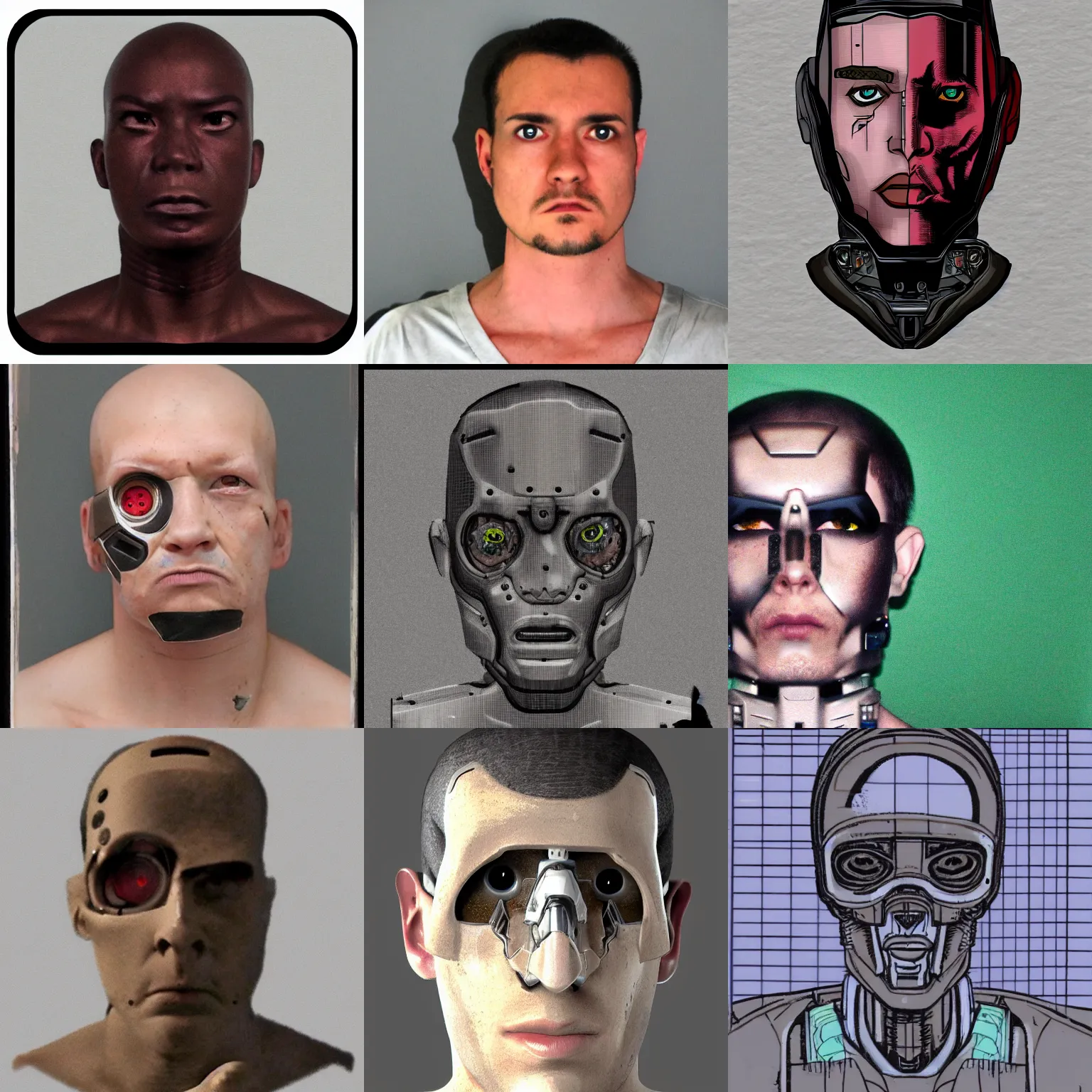 Prompt: a mugshot of a cyborg criminal