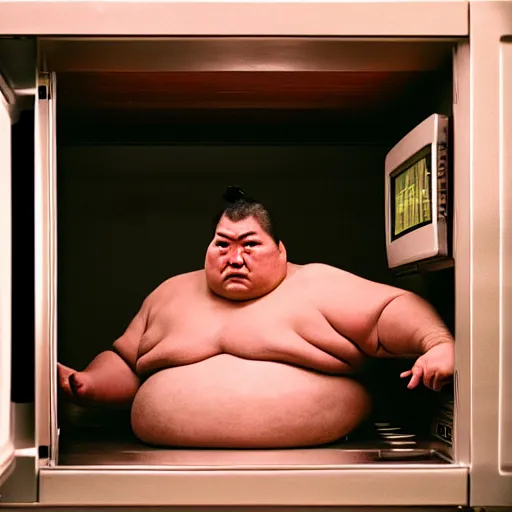 Image similar to photograph of a sumo wrestler trapped inside of a microwave